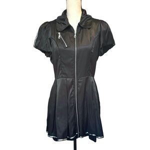 TWELVE BY TWELVE BLACK SATIN W SILVER TRIM FIT & FLARE ZIP FRONT MINI DRESS